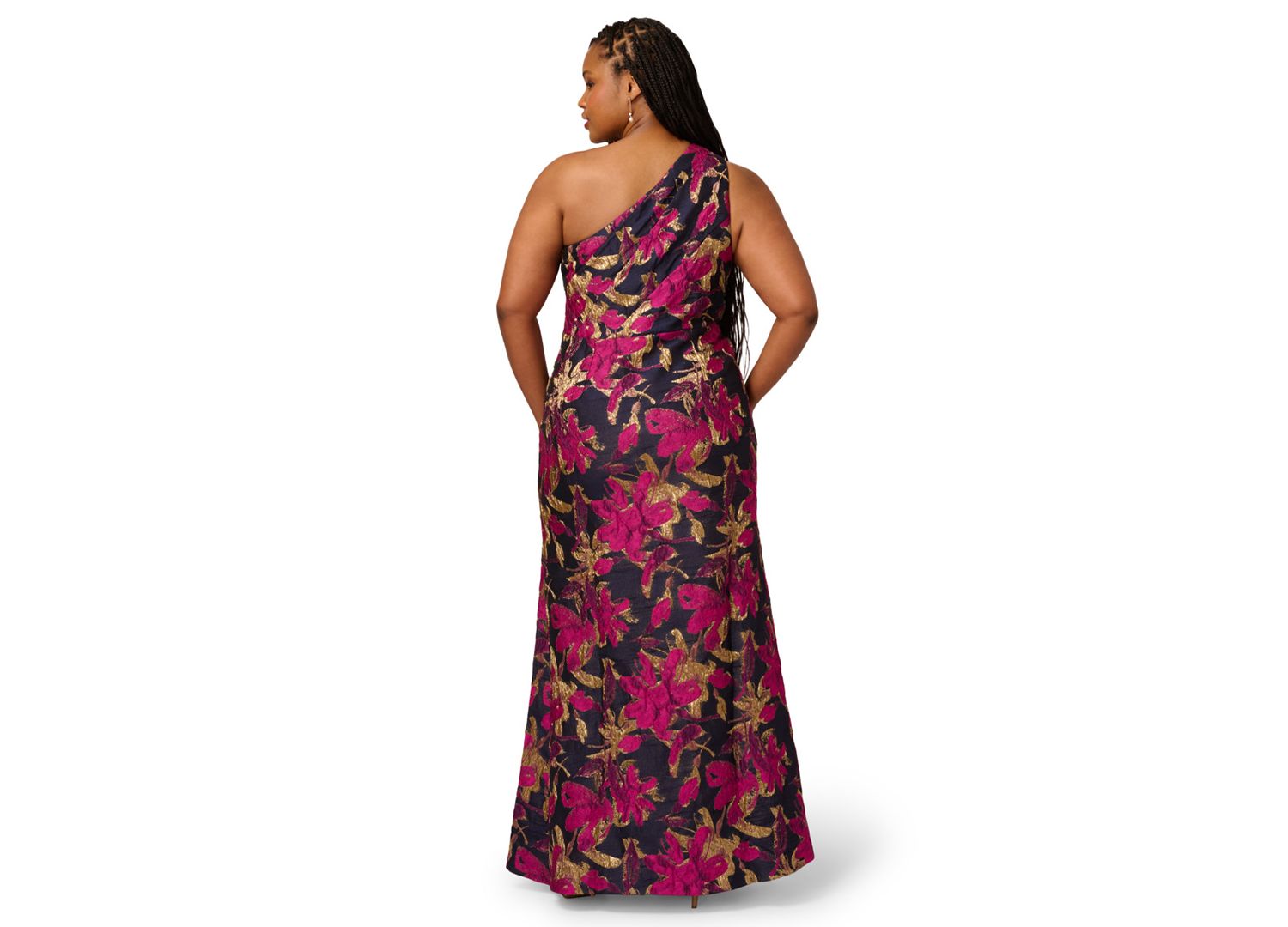 Plus Size Metallic Jacquard One-Shoulder Long Dress