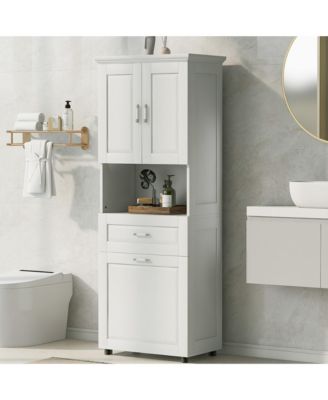 Tall Bathroom Cabinet with Laundry Basket, Tilt-Out Hamper and Upper Storage