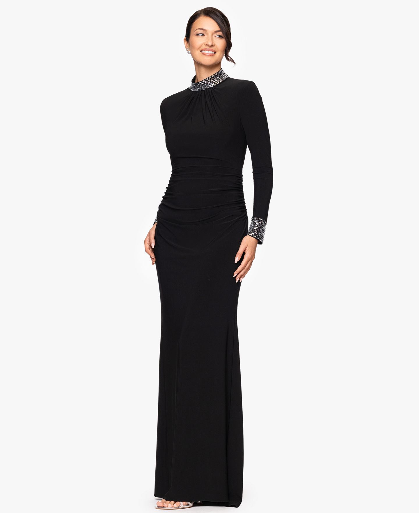 Женское платье Betsy & Adam Long Sleeve Mock Neck Gown, цвет: Чёрный — фото 3