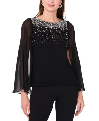 MSK - Petite Knit to Woven Top with Beaded Neck