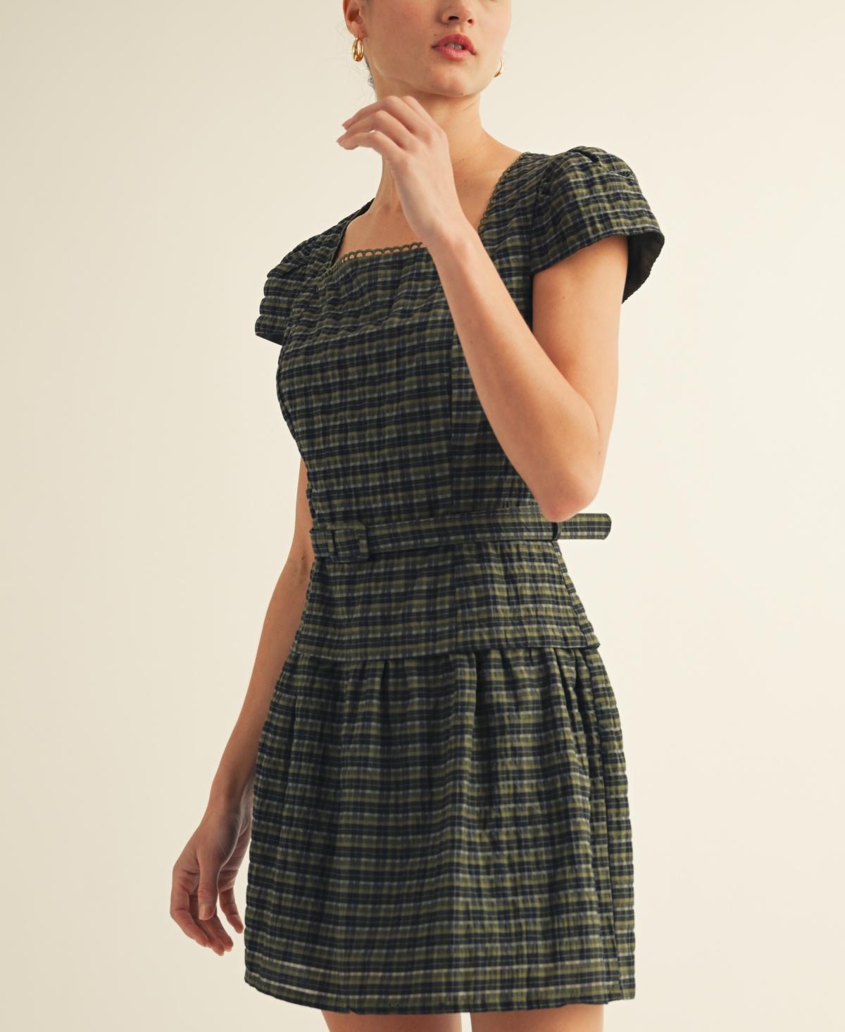 Arose Studio, Inc Women's Plaid Belted Mini Dress In Gray