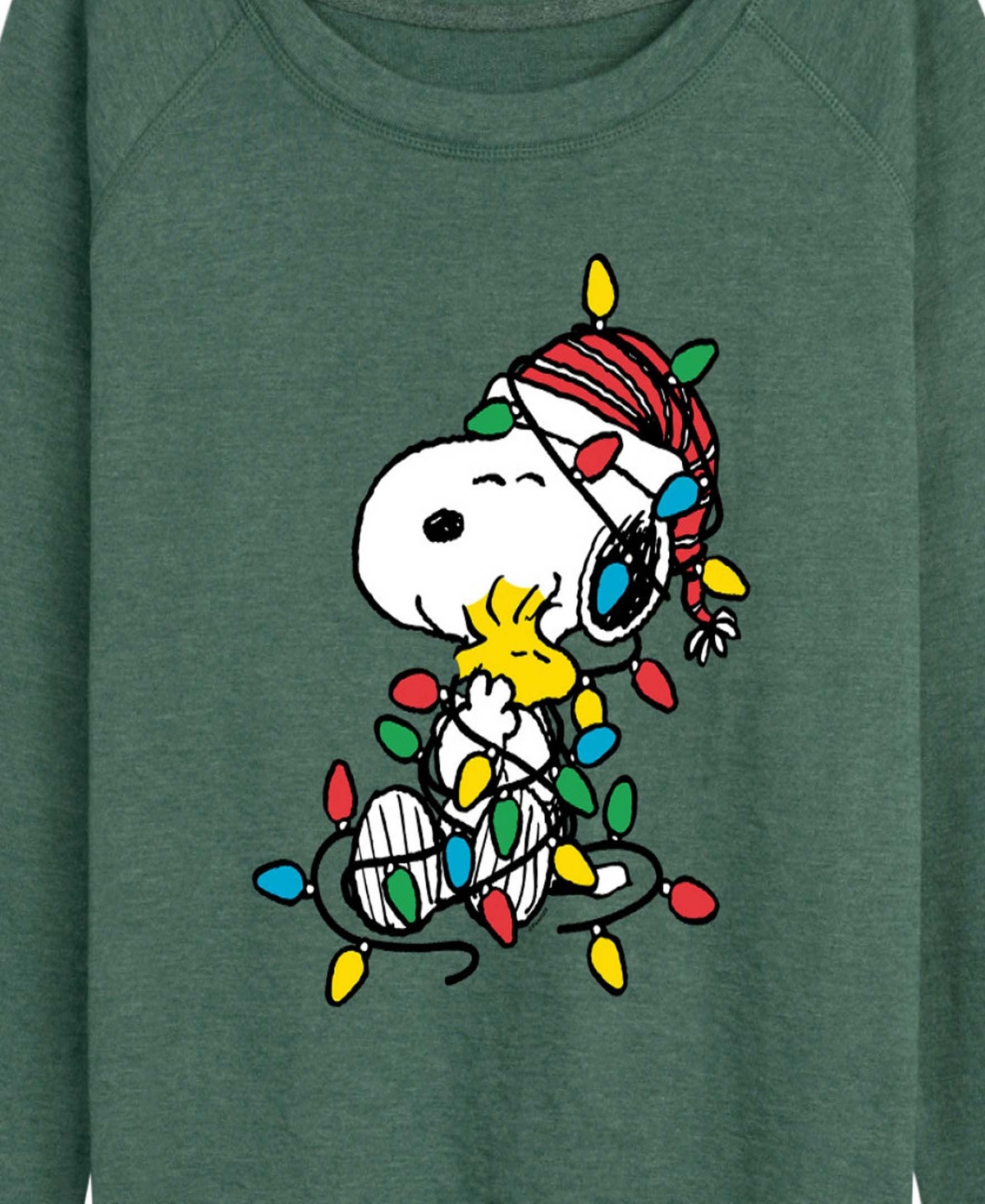 Hybrid Apparel Snoopy Ans Woodstock Christmas Lights Women's French Terry Long Sleeve Shirt In Green