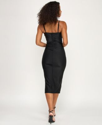 Juniors' Straight-Neck Ruched Satin Midi with Side Slit