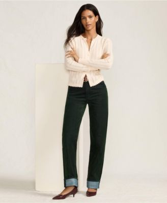 Women's Flocked Denim Mid Rise Relaxed Straight Leg Cuff Jeans