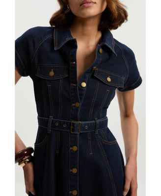 Women's Button Up Belted Denim Midi Dress