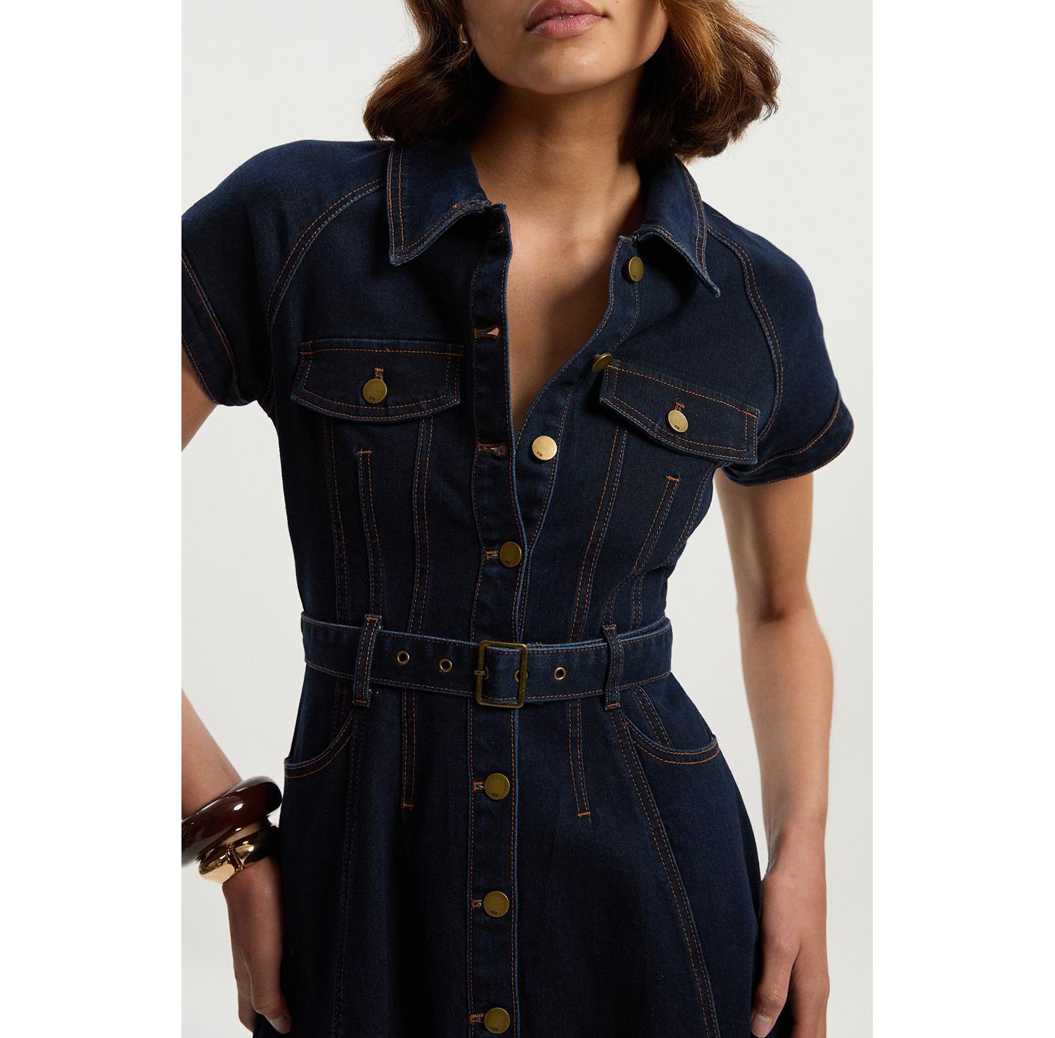 Women's Button Up Belted Denim Midi Dress