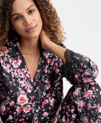 Women's Long-Sleeve Lace Trim Boxy Satin Notch Set