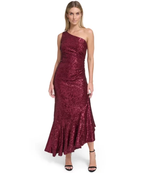 Petite One-Shoulder Sequin High-Low Dress - Wine