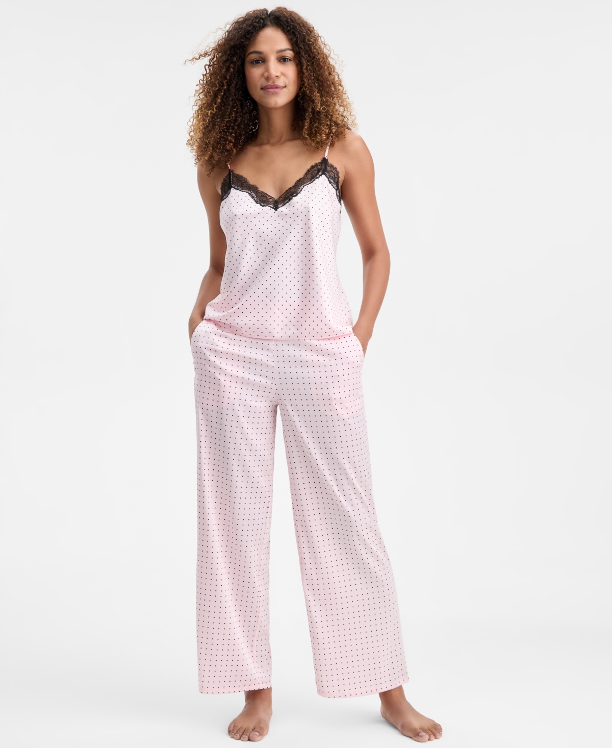 I.n.c. International Concepts Women's Stretch Satin Lace-Trim Top & Pajama Pants Set, Created for Macy's
