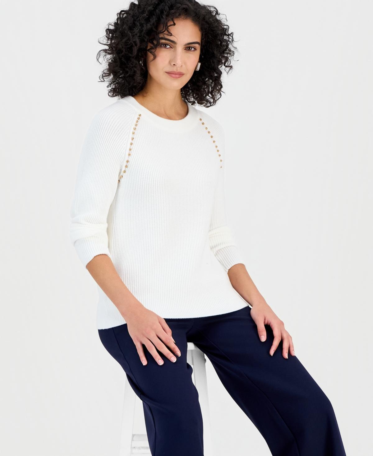 T Tahari Women's Studded Crewneck Sweater