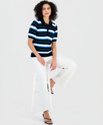 Women's Striped Elbow-Sleeve Polo Shirt