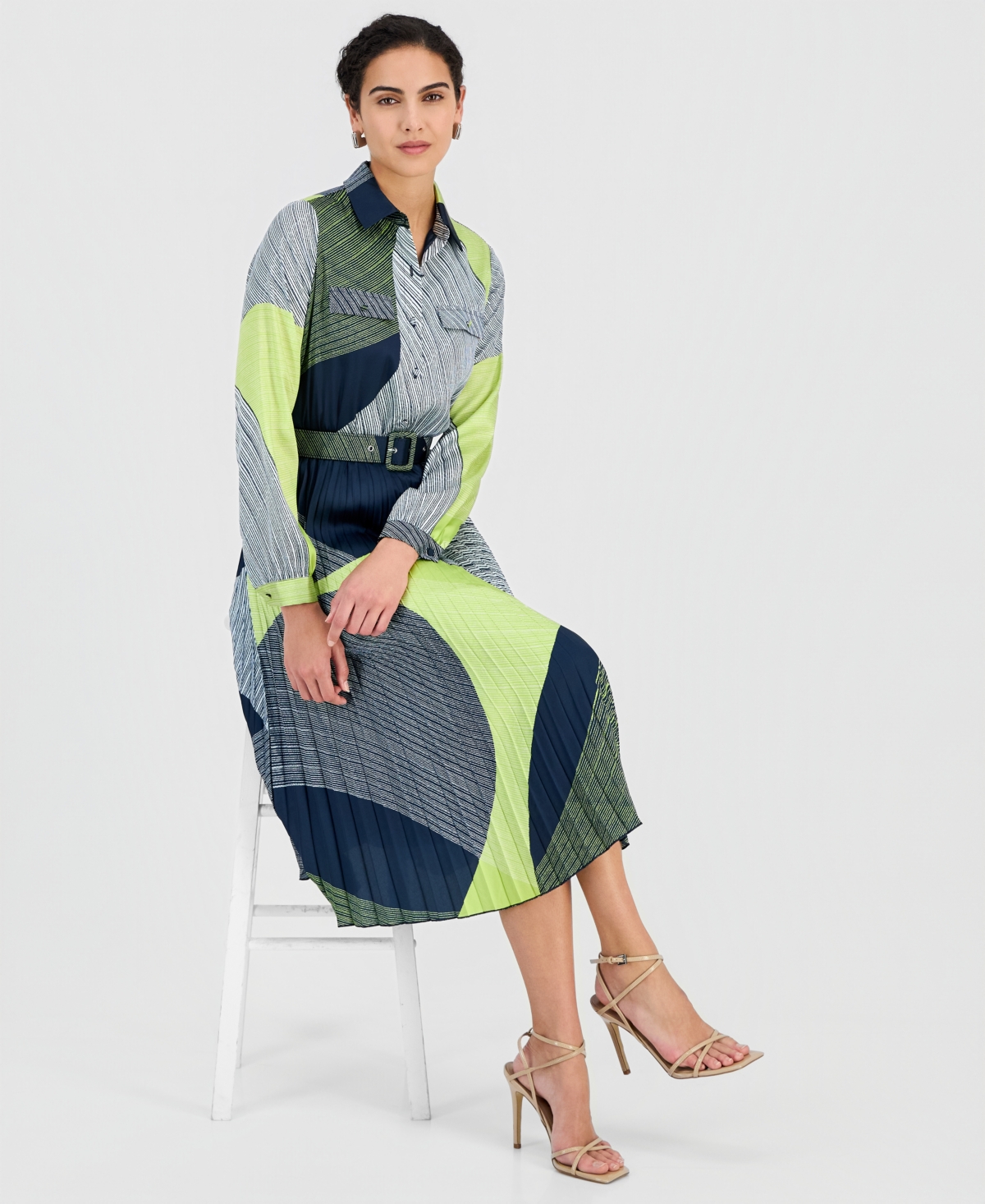 T Tahari Women's Printed Belted Pleated Midi Dress