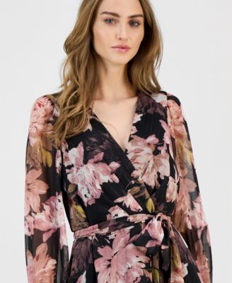 Women's V-Neck Belted Long-Sleeve Maxi Dress