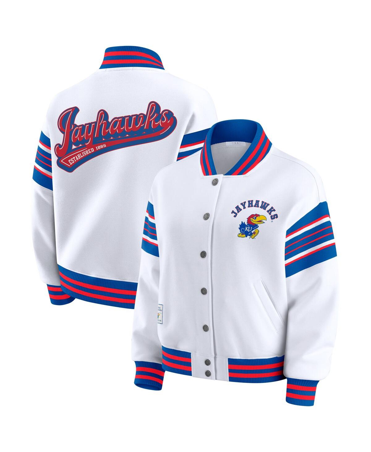 Wear By Erin Andrews Women's White/royal Kansas Jayhawks Satin Stitch Full-snap Fleece Sweatshirt Jacket In White
