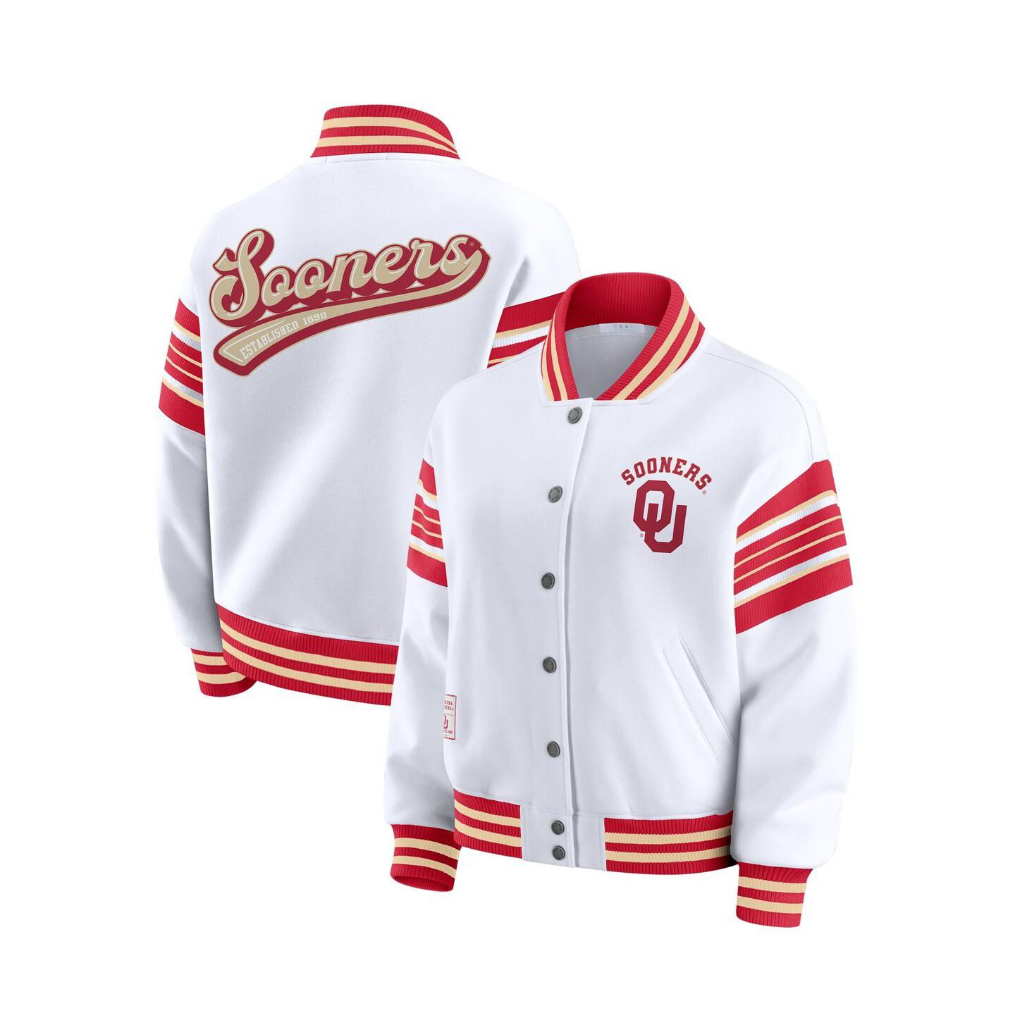 Женская куртка WEAR by Erin Andrews White/Crimson Oklahoma Sooners Satin Stitch Full-Snap Fleece Sweatshirt — фото 1