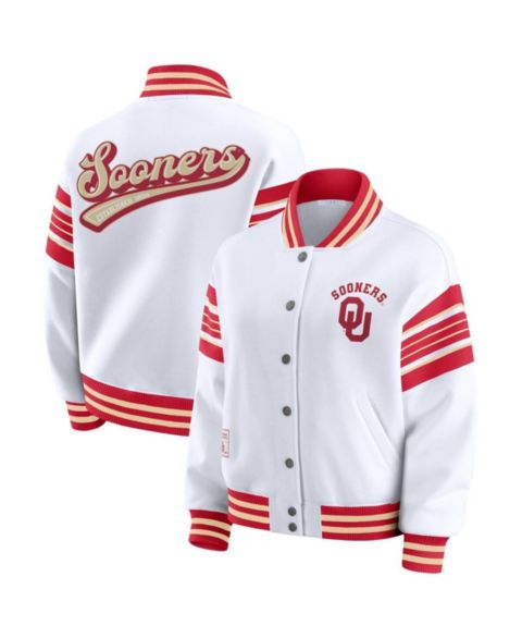 Женские худи WEAR by Erin Andrews Women's White/Crimson Oklahoma Sooners Satin Stitch Full-Snap Fleece Sweatshirt Jacket