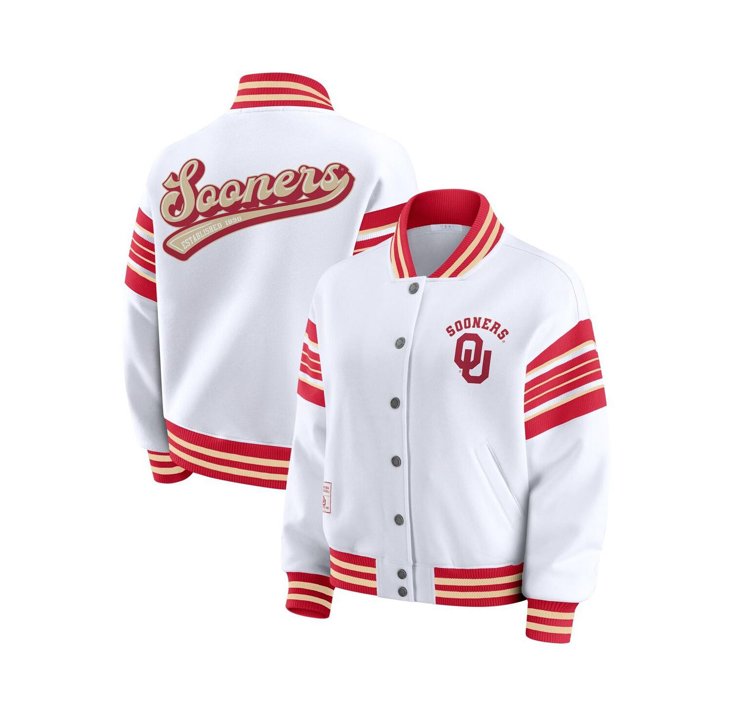 Women's White/Crimson Oklahoma Sooners Satin Stitch Full-Snap Fleece Sweatshirt Jacket