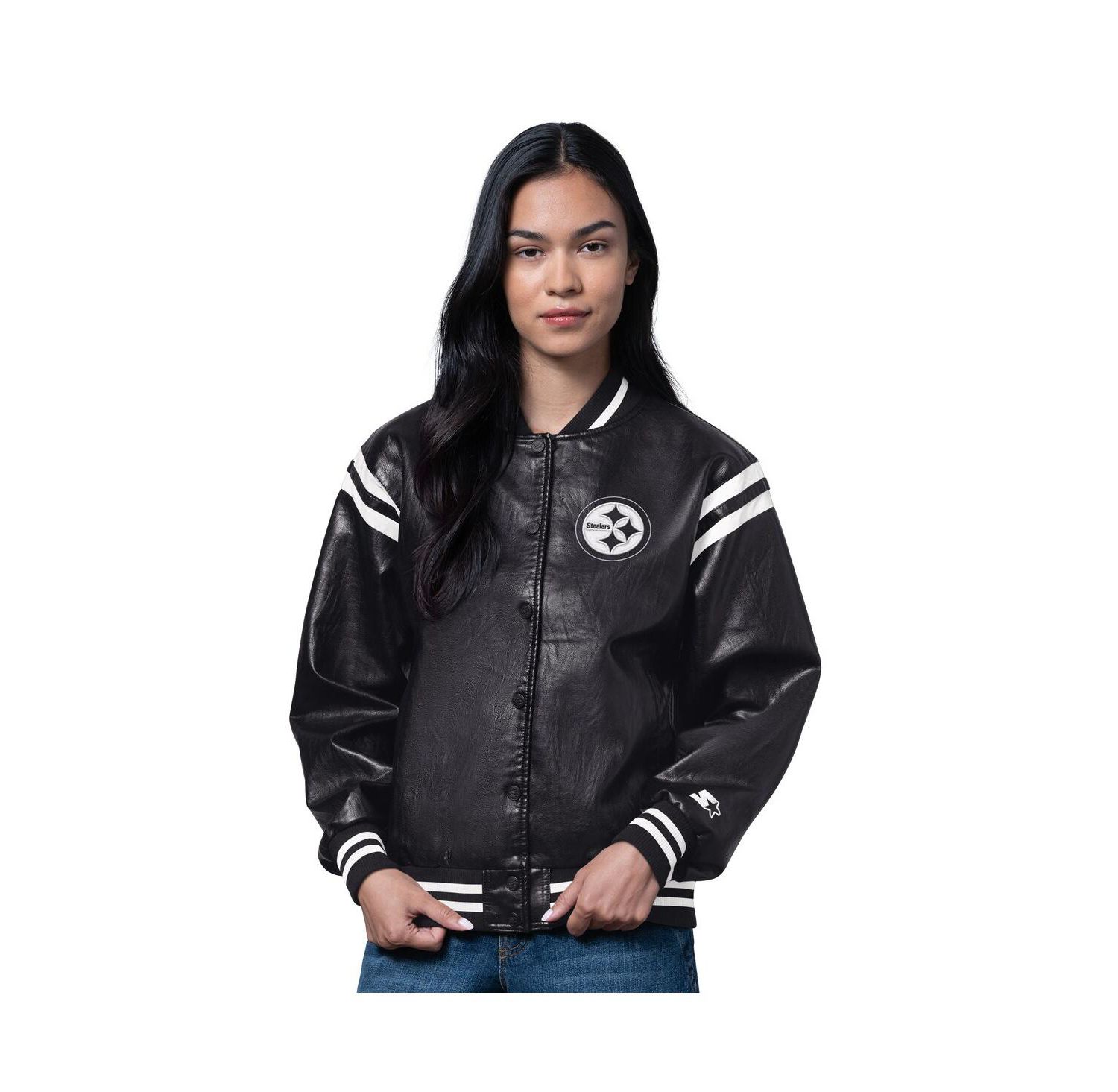 Women's Black/White Pittsburgh Steelers High Heat Full-Snap Varsity Jacket