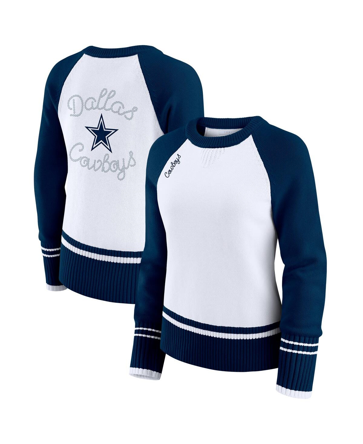 Wear By Erin Andrews Women's White/navy Dallas Cowboys Color Block Raglan Sweater In Multi