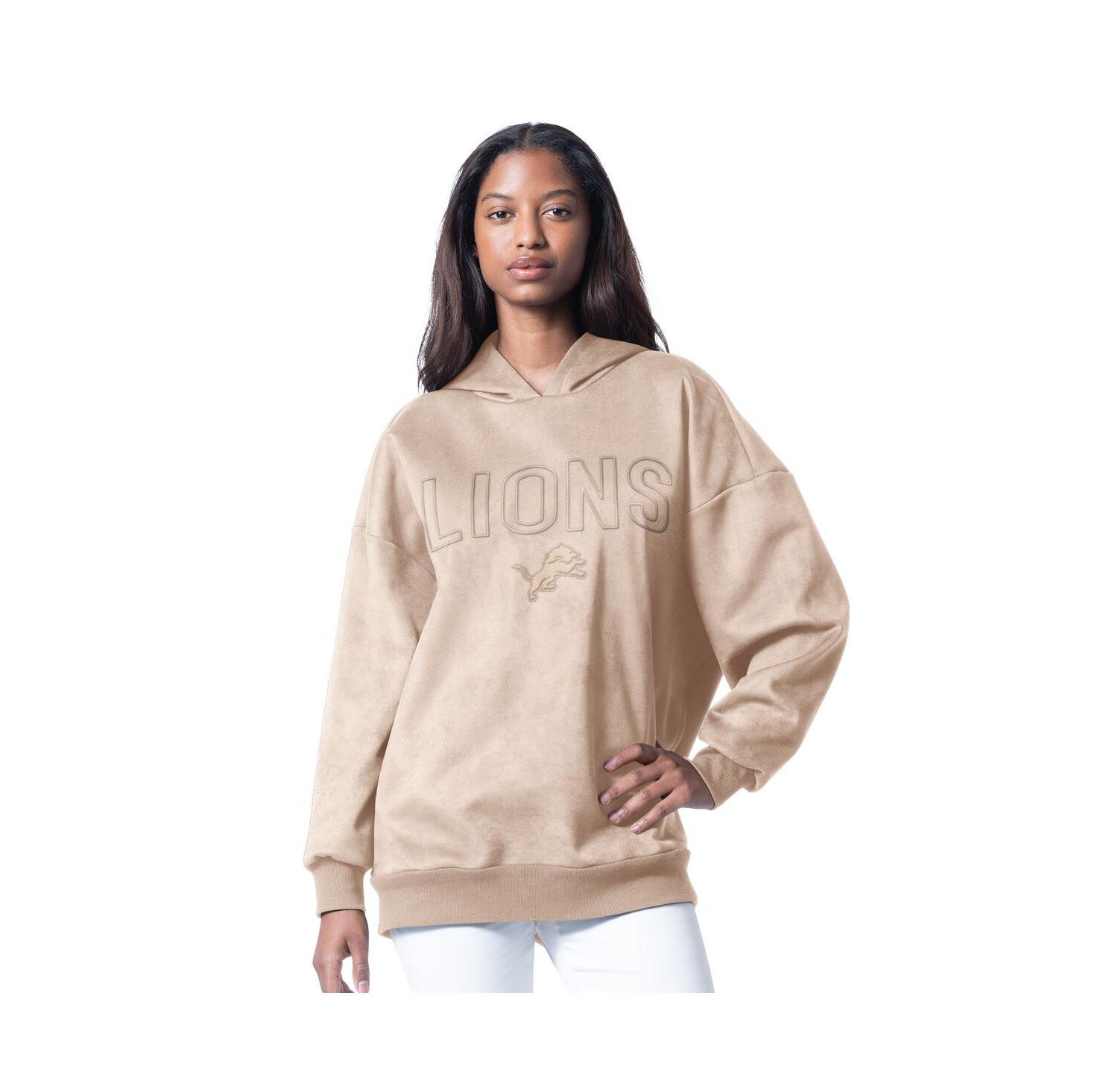 Women's Cream Detroit Lions Best Hitter Oversized Tunic Pullover Hoodie