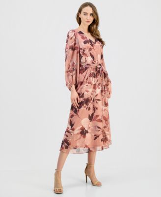 Women's Floral V-Neck Belted Midi Dress