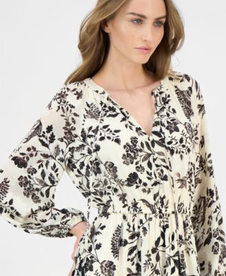 Women's Printed Tie-Neck Tiered Maxi Dress