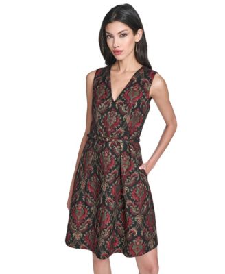 Women's Jacquard V-Neck Fit and Flare Dress