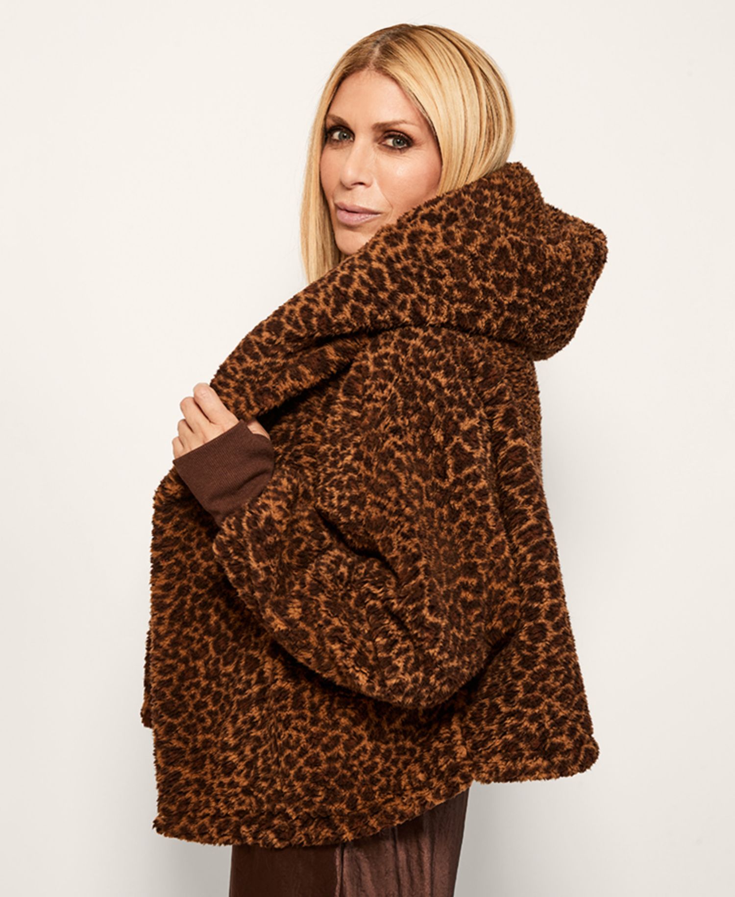 Patterned Hooded Cropped Length Button Front Lounger Jacket