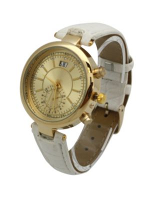 White Multicolored Gold Face Leather Strap Watch