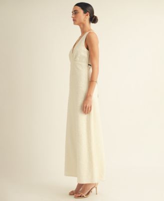 Women's V-Neck Scalloped Lace Tie-Back Slip Midi Dress