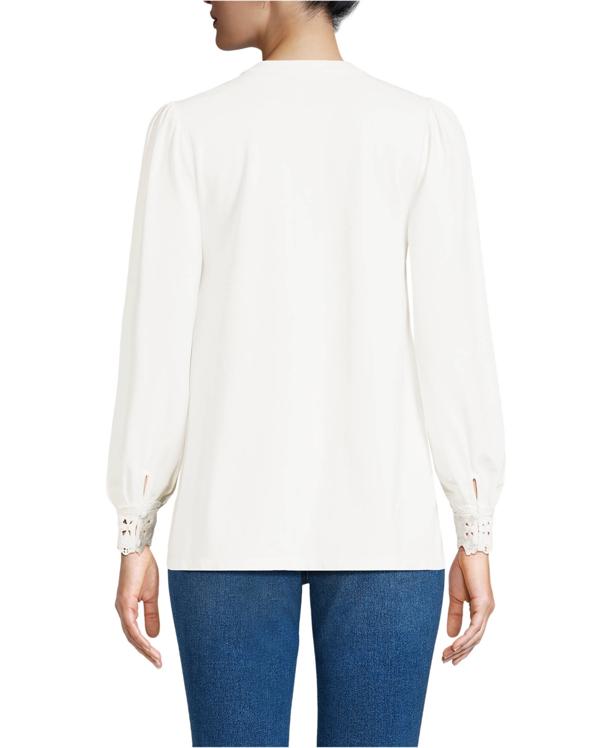 Lands' End Women's Petite Lightweight Jersey Long Sleeve Button Front Pintuck Top