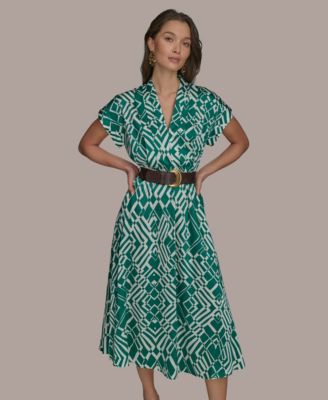 Women's Short-Sleeve Printed V-Neck A-Line Dress with Waist Belt