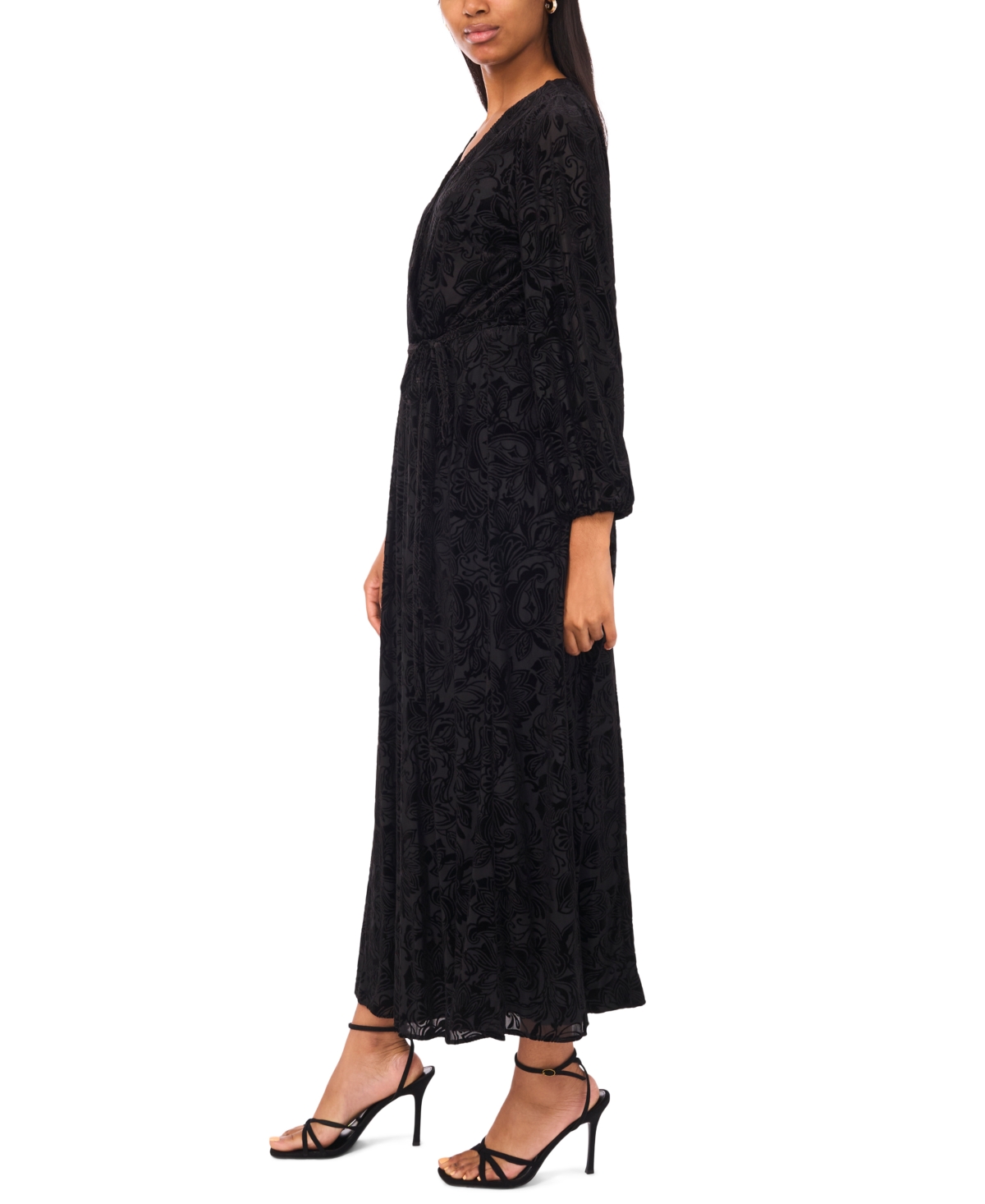 Msk Women's Long Sleeve V-neck Velvet Maxi Dress In Black