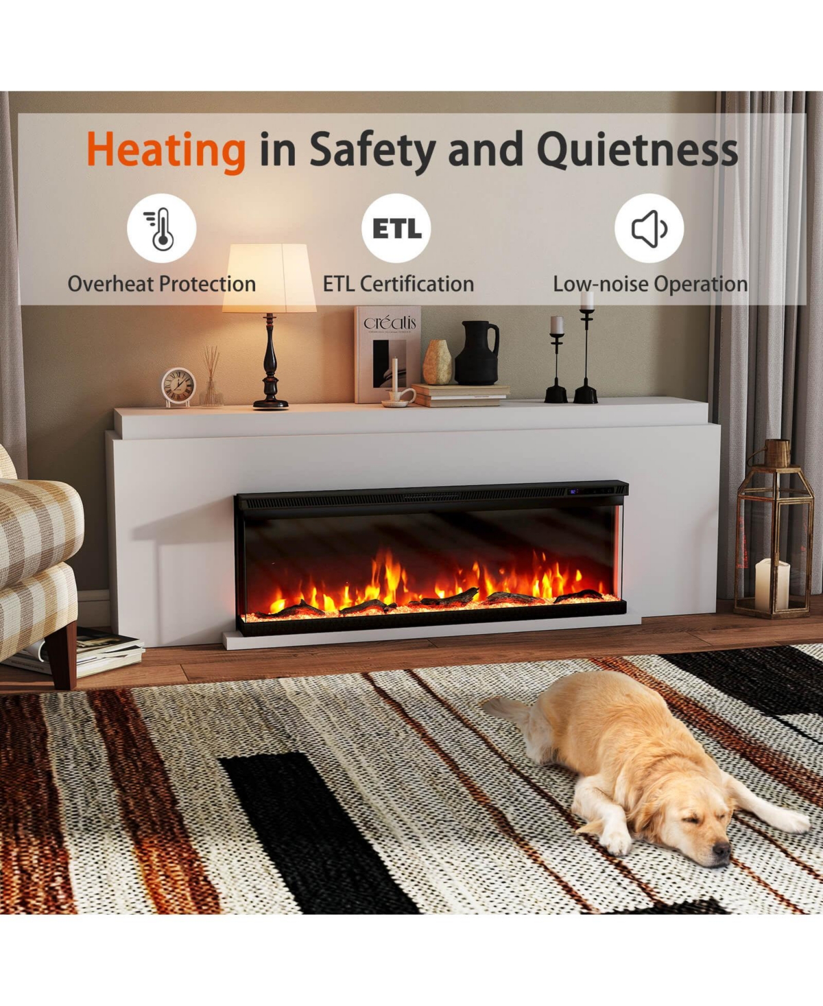 50" Wide 3-Sided Electric Fireplace Insert 750with 1200W Recessed Wall-Mounted Heater