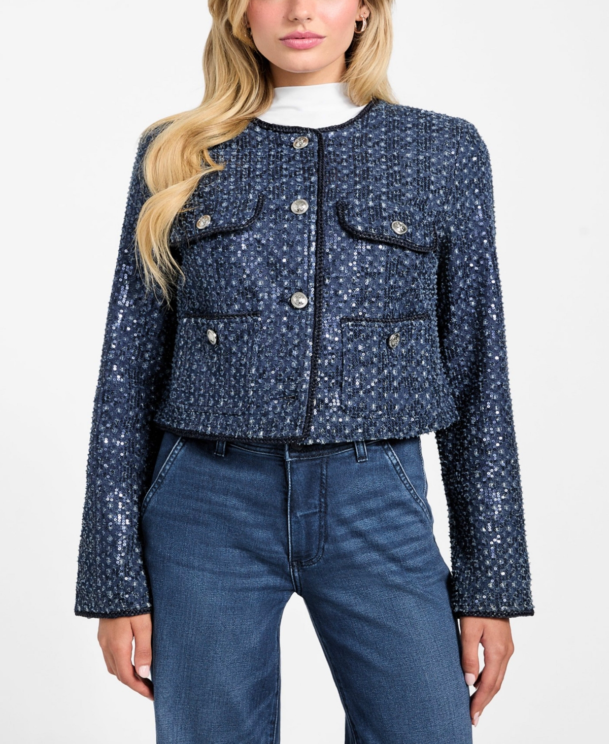Guess Elisa Sequin Crop Jacket In Blue