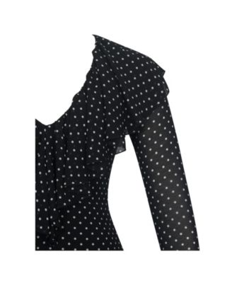 Women Omari Black Chiffon Polka Dot Ruffled Neckline Mini Dress