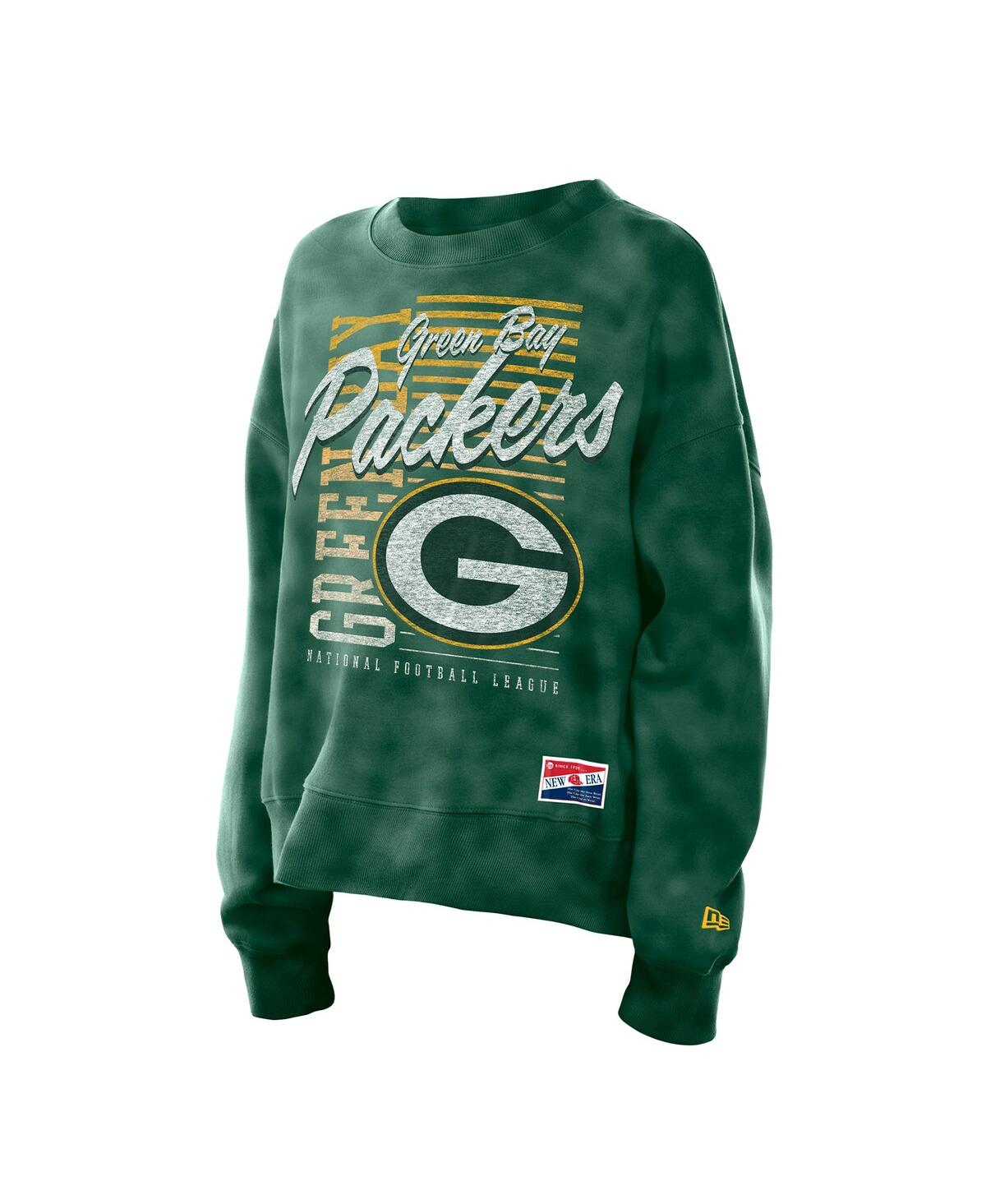 New Era Women's Green Green Bay Packers Oversized Throwback Mineral Wash Crew Neck Sweatshirt In Green
