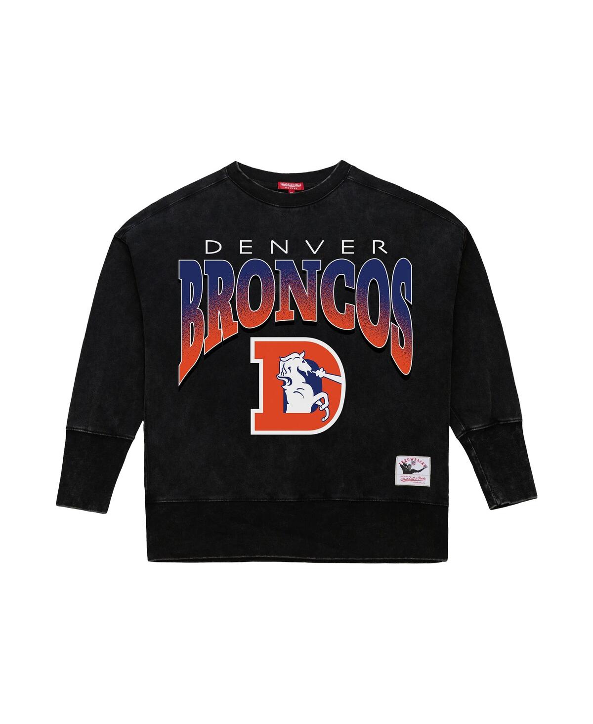 Mitchell & Ness Women's Black Denver Broncos Delineate Mineral Wash Crewneck Sweatshirt In Black