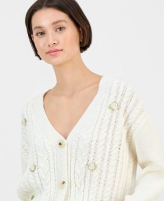 Juniors' Novelty Flower Three-Button Cardigan Sweater