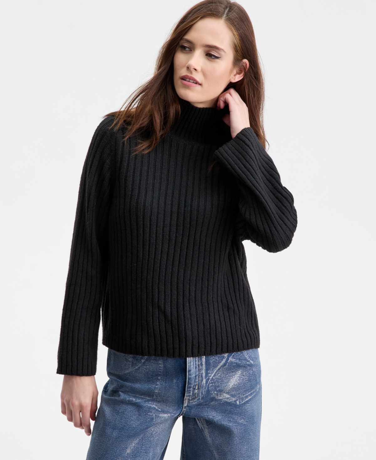 Bar Iii Women's Mock-neck Ribbed Sweater, Macy's Exclusive In Black