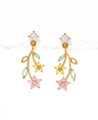 Crystal Gold Plated Flower Stem Dangle Earrings