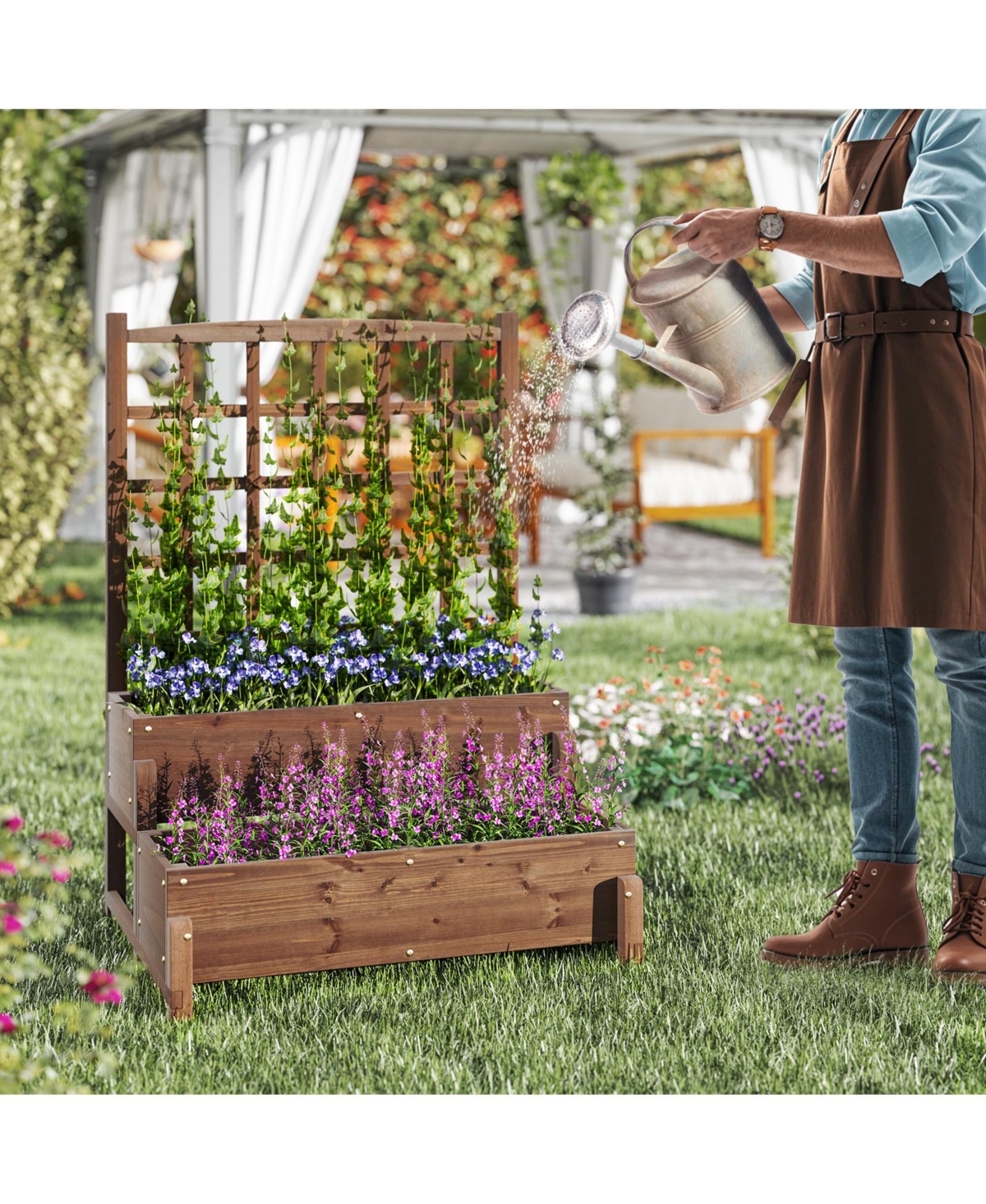 Gymax 2PCS Raised Garden Bed w/Trellis Drainage Holes Legs Twisting Rope for Backyard