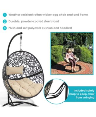 3pc Outdoor Resin Wicker Jackson Hanging Basket Egg Chair Swing with Cushions, Headrest, and Steel Stand Set