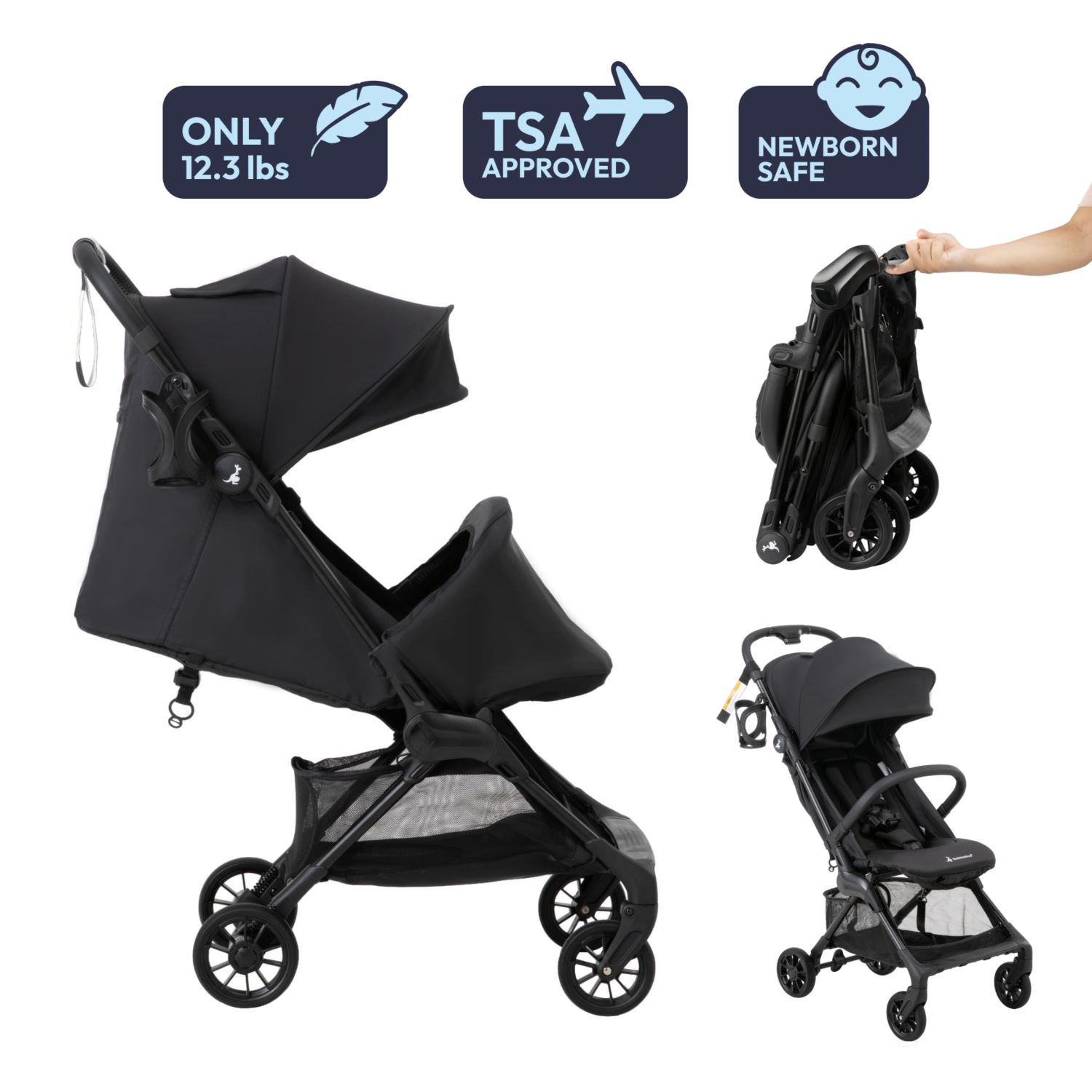 HopLite Ultralight Compact Lightweight Baby Stroller For Airplane - Travel Stroller for Newborn from Birth to 55 lbs, Jet Black