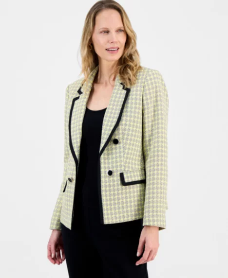 Women's Tweed Faux-Double-Breasted Blazer, Regular & Petites - Pale Yellow Multi