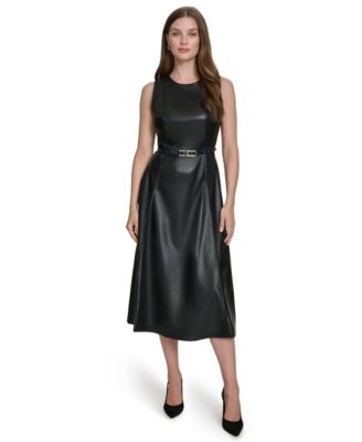 Halston - Women's Faux-Leather Belted Sleeveless Midi Dress