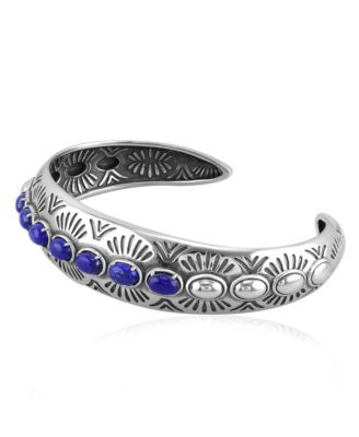 Sterling Silver Lapis Gemstone Textured Cuff Bracelet, Size Large
