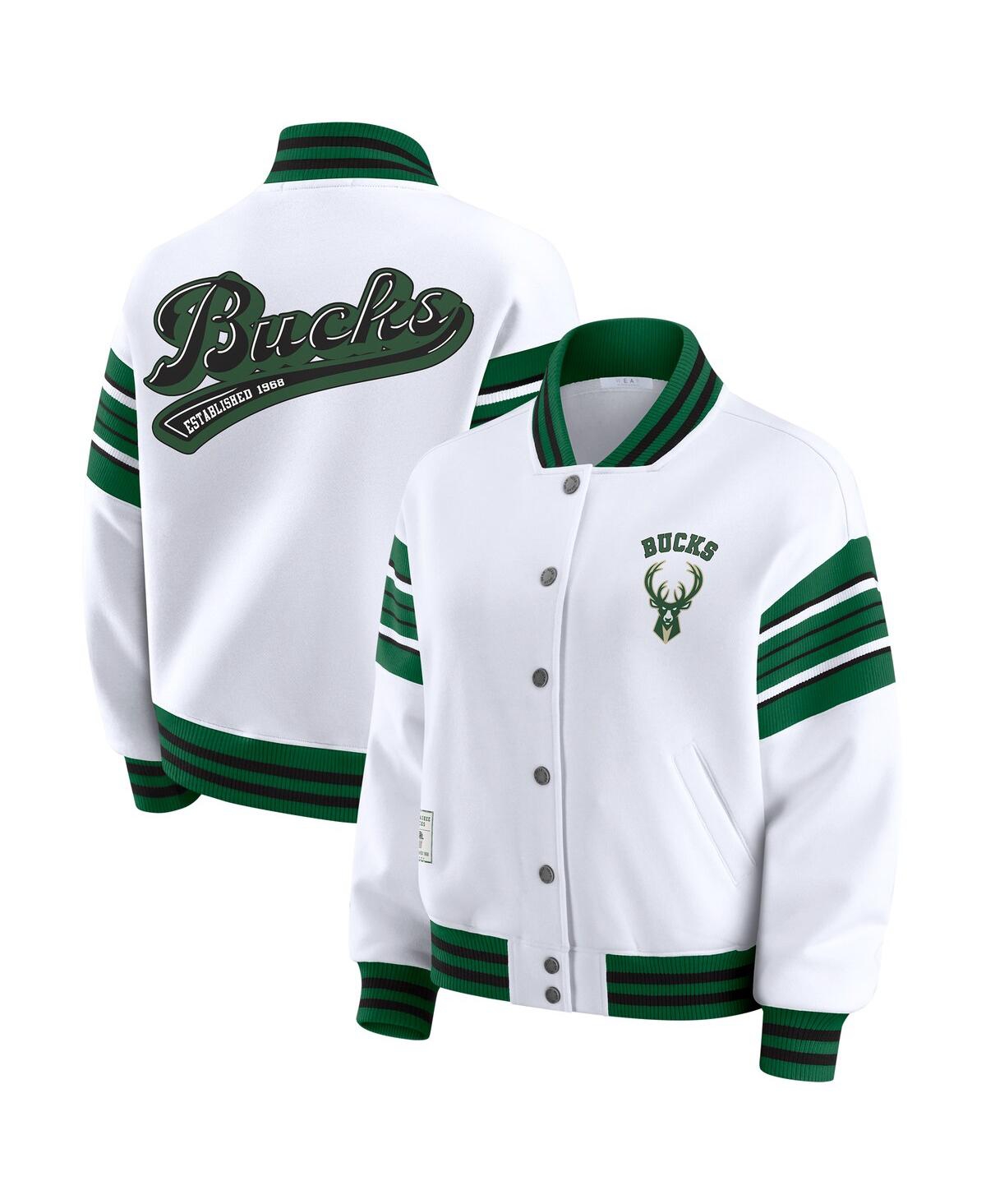 Wear by Erin Andrews Women's White Milwaukee Bucks Snap Front Fleece Sweatshirt