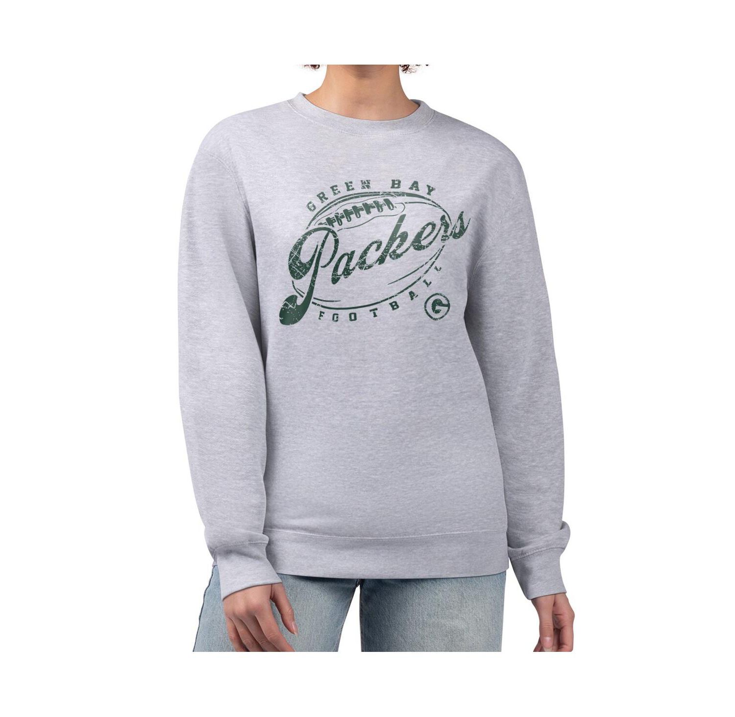 Women's Gray Green Bay Packers Distressed Graphics Fleece Pullover Sweatshirt