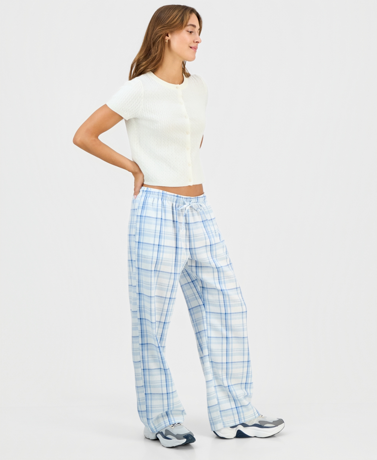 Self Esteem Juniors' Plaid-print Tie-waist Wide-leg Pants In Blue